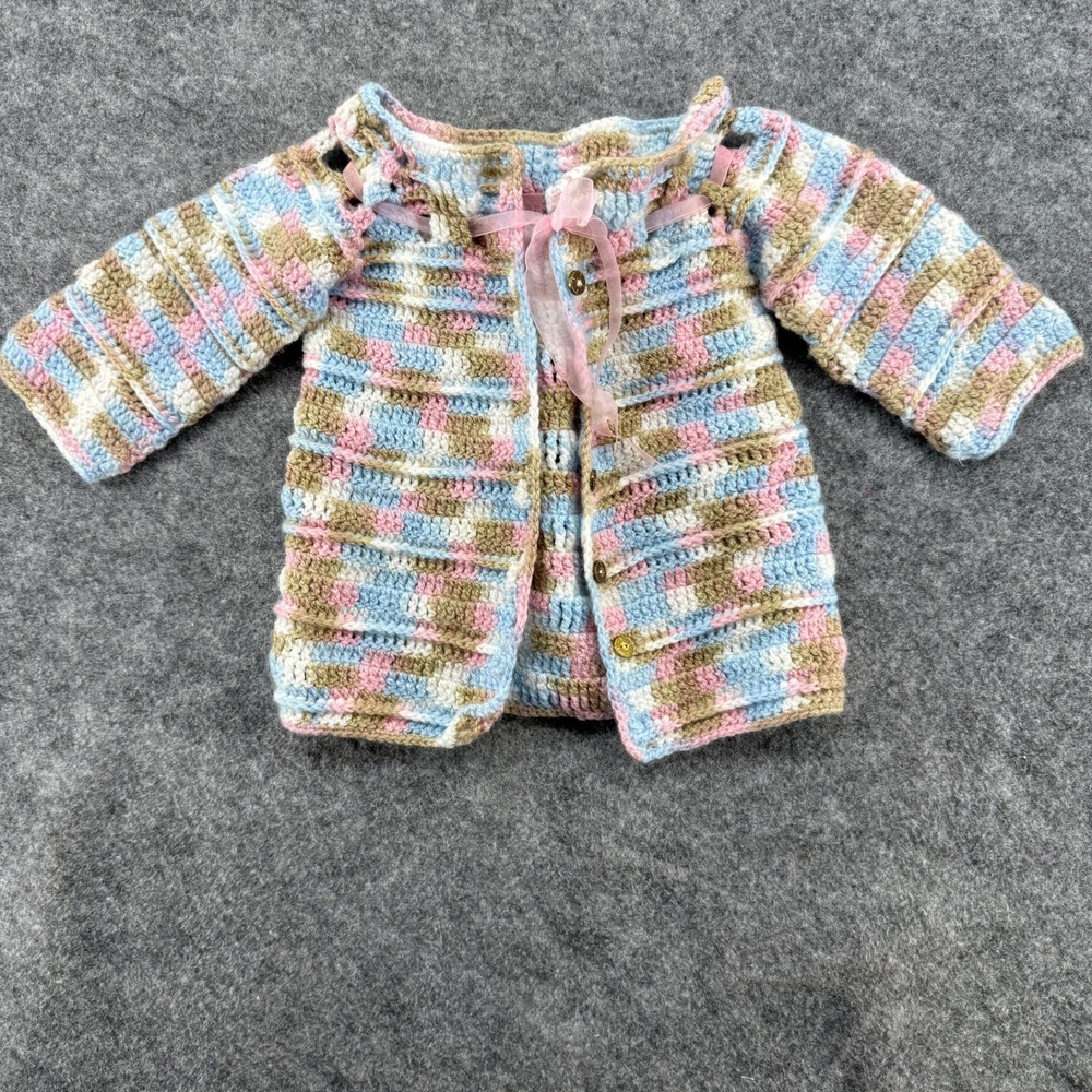 Handmade Crochet Cardigan Kids Pink Blue Tan Striped Ribbon Button Sweater